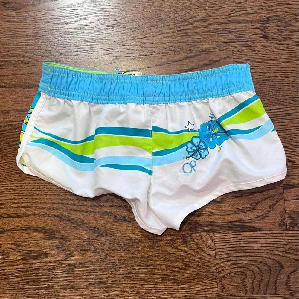 y2k KIDS girls ocean pacific blue & green hibiscus print board swim shorts small
